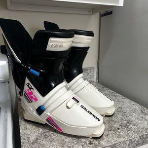 Salomon SX92 White and Black Ski Boots with Pink and Blue accents